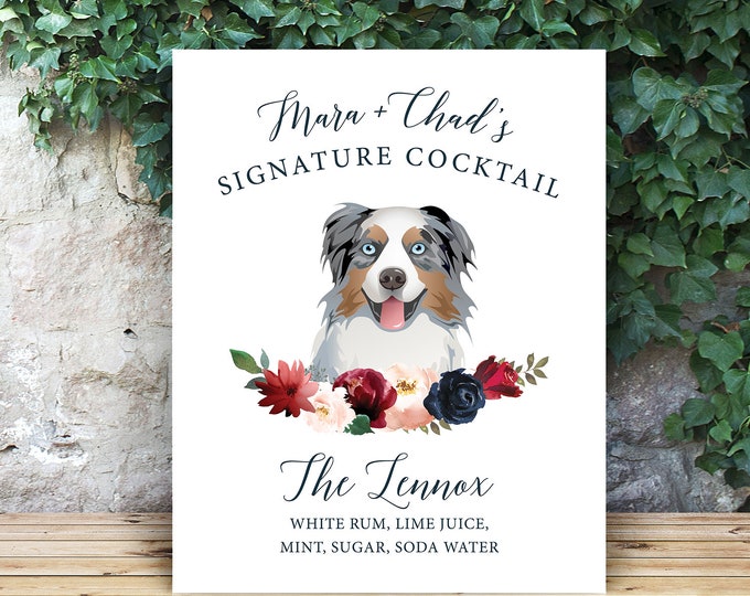 Featured listing image: Custom Dog Drink Sign, Pet Portrait  Signature Cocktail Sign, Blush Burgundy Navy Boho Wedding Bar Sign Canvas > PRINTED Sign or Printable