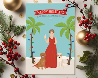 Custom Portrait Christmas Card, Personal Portrait for Single Woman, Unique Holiday Card Idea, Christmas in Hawaii, Holiday Card with Dogs