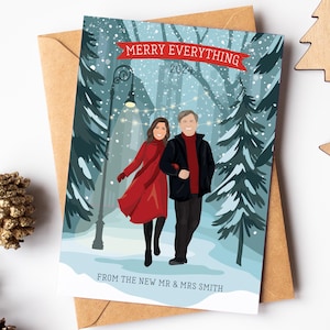 Carte de Noël portrait personnalisée, carte de vœux de dessin animé couple personnalisée, promenade dans un parc par une nuit d'hiver enneigée, cartes de dessin personnalisées