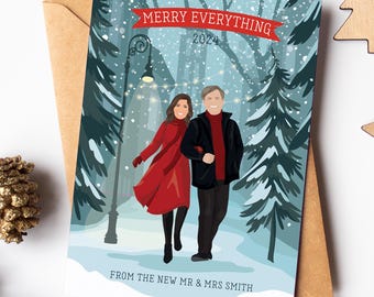 Personalized Portrait Christmas Card, Custom Couple Cartoon Holiday Card, Walking in a Park on a Snowy Winter Night, Custom Drawing Cards