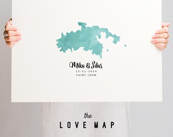Wedding Guest Book Alternative, Custom Love Map Guestbook Saint John, Personalized Watercolor Sign with Hearts for Cities, Aqua Watercolor