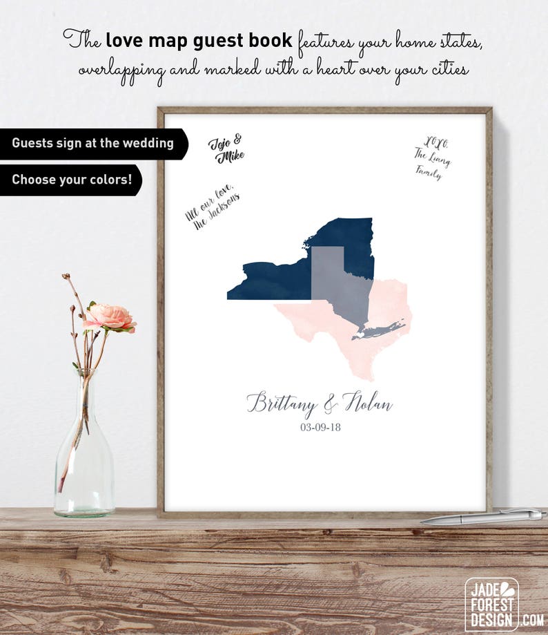 Watercolor Wedding Guest Book Alternative / Love Map: California & South Carolina States Map / Blue and Blush Pink Map Canvas moa image 2