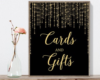 Cards and Gifts Sign DIY / Card Table / Gold Wedding Sign / Great Gatsby, Bokeh Light / Black and Gold Calligraphy ▷Instant Download JPEG