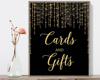 Cards and Gifts Sign DIY / Card Table / Gold Wedding Sign / Great Gatsby, Bokeh Light / Black and Gold Calligraphy ▷Instant Download JPEG