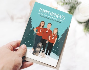 Personalized Christmas Portrait Greeting Card for Football Fans in Football Jerseys, Cheerful and Classic Holiday Card with Winter Landscape
