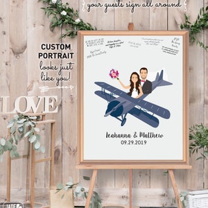 Navy Wedding Guest Book Alternative, Airplane Pilot and Bride Cartoon Portrait, Wedding Guest Book Canvas