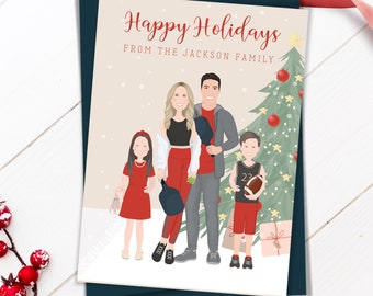 Family holiday cards with personalized pickleball cartoon, Couple Christmas cards with custom portraits, Pickleball Football & Ballet