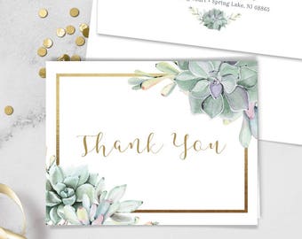 Succulent Thank You Card / Greenery Geometric, Green Succulent Cactus and Gold ▷ Printed Heavy Paper {or} Printable