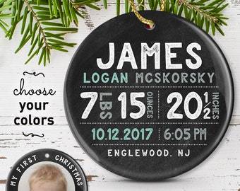 Personalized Ornament for Baby Boy, My First Christmas Ornament, New Baby Birth Stats, Under 50 Gift for Grandparents