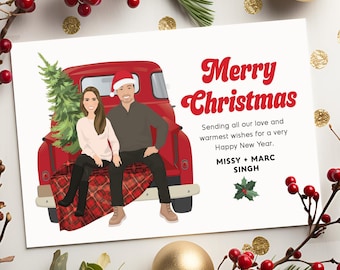 Printable, Holiday Card Set, Custom Drawn, Pickup Truck Christmas Card, Personalized Couple Cartoon Art, Unique Holiday Greeting