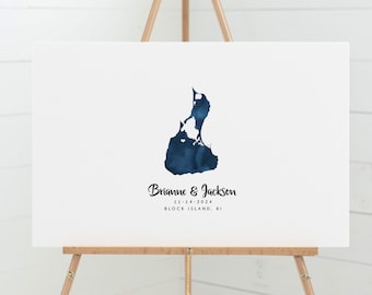 Wedding Guest Book: Block Island Map Art (Navy Watercolor, Canvas)