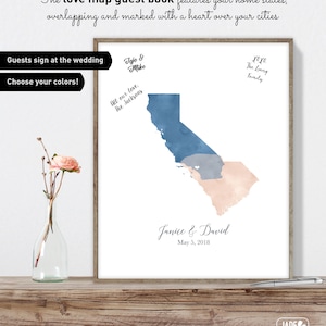 Watercolor Wedding Guest Book Alternative / Love Map: California & South Carolina States Map / Blue and Blush Pink Map Canvas moa image 1