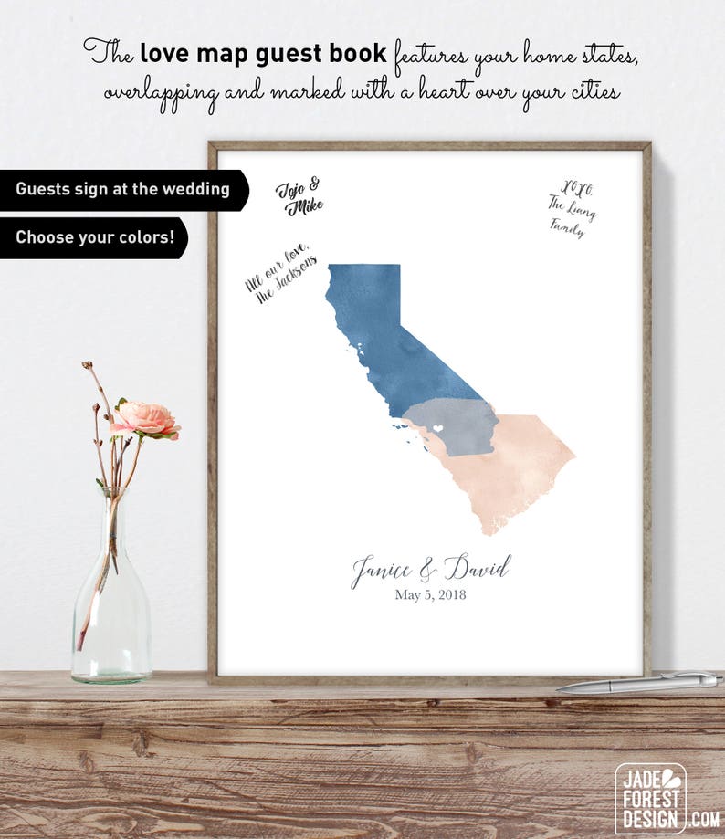 Watercolor Wedding Guest Book Alternative / Love Map: California & South Carolina States Map / Blue and Blush Pink Map Canvas moa image 1