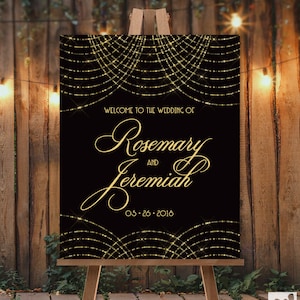 Great Gatsby Wedding Welcome Sign / String Light Bokeh Gold Fairy Lights, Black and Gold Art Deco ▷ Canvas, Paper, Board {or} Printable