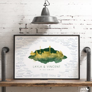 Wedding Guest Book Alternative > Las Vegas skyline sign, gold on forest green watercolor art print, Wedding guestbook framed canvas