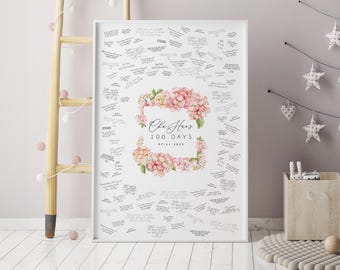 Personalized 100 Days Pink Hydrangea Square Guestbook, Floral Frame Custom Event Sign, 100 Days Party Keepsake, Happy 100th Day Celebration
