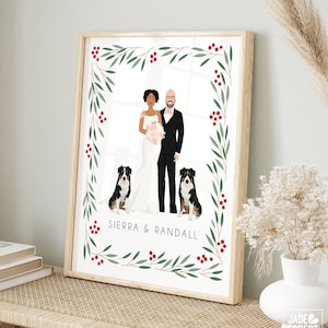 Personalized Couple Portrait with Bernese Mountain Dogs, Custom Drawing from Photo, Christmas Gift for Dog Lovers, Custom Holiday Portrait