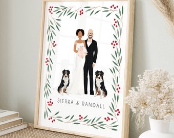 Personalized Couple Portrait with Bernese Mountain Dogs, Custom Drawing from Photo, Christmas Gift for Dog Lovers, Custom Holiday Portrait