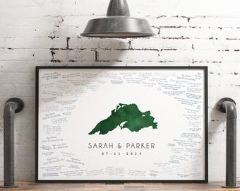 Custom Wedding Guest Book, Lake Map, Forest Green Watercolor (Multiple Sizes)