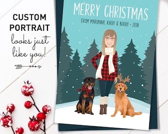 Unique Christmas Card, Custom Portrait Holiday Cards with Dog Illustration, Printed Cards with Envelopes, Custom Family Portrait