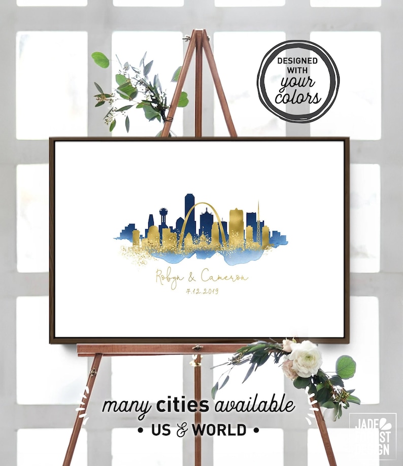 Wedding Guest Book Alternative Sign St Louis & Dallas skyline guestbook Navy watercolor and faux metallic gold Canvas sign for wedding image 1