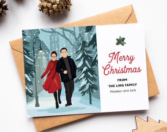 Couple Portrait Holiday Card, Custom Holiday Portrait Drawn from a Photo, Couple Walking through the Snow, Can be Personalized, Gift for Her