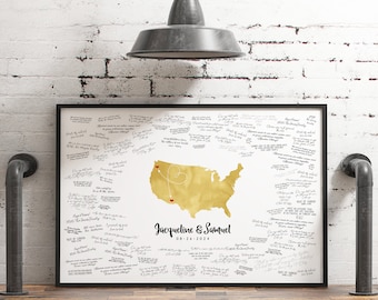 Custom Wedding GUEST BOOK Alternative, United States Map with Heart Arrow, Sun Gold Watercolor Guest Book, Gift for the Bride to Be {mfo}