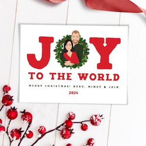 Tarjeta de Navidad para recién casados, tarjeta navideña ilustrada personalizada, tarjeta de felicitación "Alegría al mundo", caricatura de pareja, regalo para ella