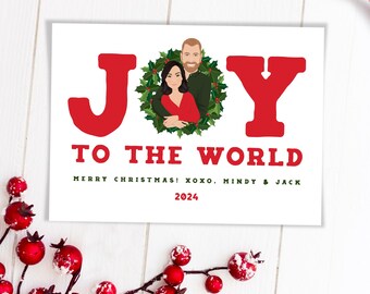 Newlywed First Christmas Card, Illustrated Christmas Card Custom, Joy to the World Greeting Card, Couple Cartoon Art, Gift for Her