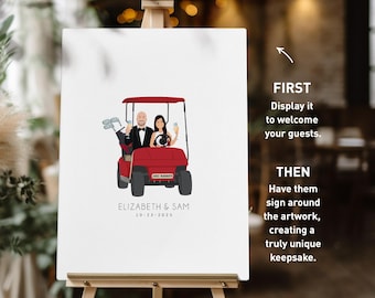 Golf Wedding Guest Book Alternative, Bride and Groom in Golf Cart, Welcome Sign in Board for Golf Theme Wedding or Engagement Party Gift