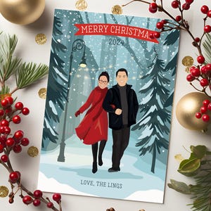 Kerstkaart voor nachtelijke wandeling, cartoonkunst voor stel, gepersonaliseerde kerstkaarten, handgetekende van foto, geïllustreerde kerstkaart op maat