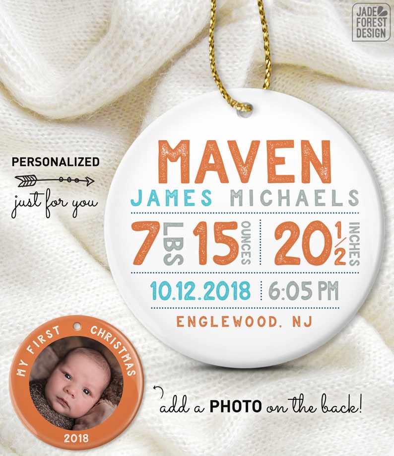 Personalized Baby Ornament, Baby First Christmas Photo Ornament, Baby Boy Birth Stats, Personalized Gift for New Parents image 5