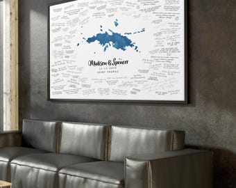 Wedding Guest Book Alternative, Custom Love Map Guestbook Saint Thomas, Personalized State Art with Hearts, Sapphire Watercolor Guestbook