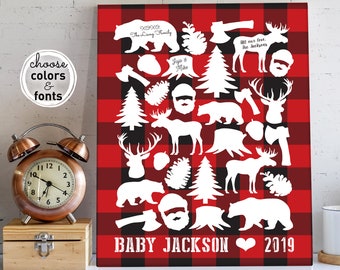 Lumberjack Baby Shower Guest Book Alternative, Red Buffalo Plaid Baby Gift, Personalized Nursery Wall Art Canvas