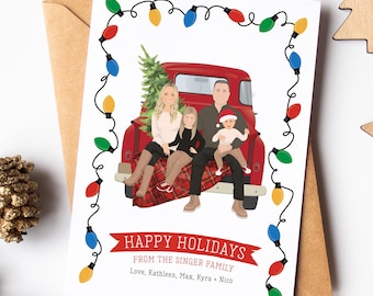 Family Portrait, Holiday Cards 2024, Pickup Truck, Custom Cartoon Drawing, Personalized Christmas Card Set, Funny Pet Illustration