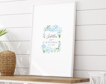 Custom 40th Birthday Party Guest Book, Fortieth Birthday Party Canvas to Sign, Blue Hydrangea Square Guestbook, 40th Birthday Party Gift