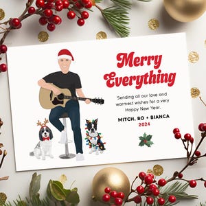 Tarjeta navideña de guitarrista, retrato divertido de mascota personalizado, regalo para guitarrista, regalo para él, regalo para amantes de los perros, tarjeta navideña personalizada para perro
