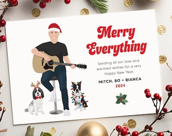 Guitar Player Christmas Card, Funny Custom Pet Portrait, Gift for Guitar Player, Gift for Him, Gift for Dog Lover, Custom Dog Holiday Card