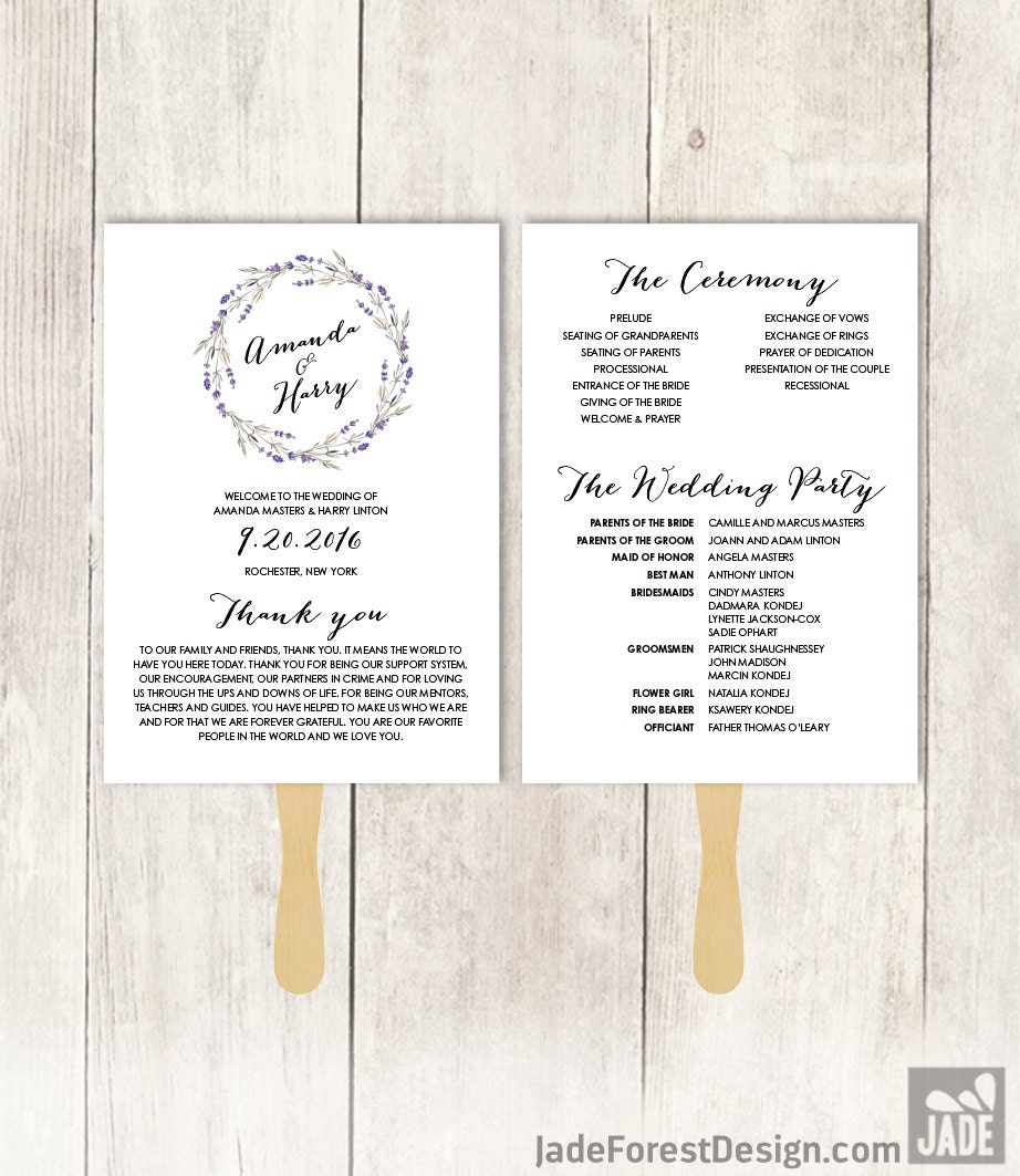 Floral Wedding Program Fan Diy Rustic Lavender Wreath Flower