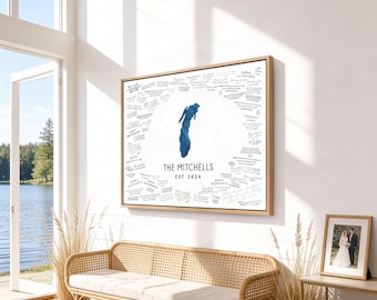 Personalized Lake Michigan Wedding Map Guest Book, Deep Blue Lake Keepsake Sign