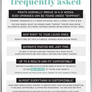 May include: A white and black graphic with the words "frequently asked" in a teal font. The graphic provides information about prints, shipping, photos, and customization options for digital portraits.