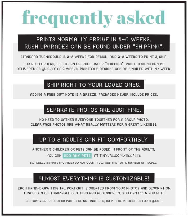 May include: A white and black graphic with the words "frequently asked" in a teal font. The graphic provides information about prints, shipping, photos, and customization options for digital portraits.