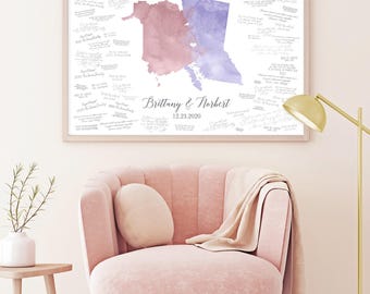 Personalized Wedding Guest Book Alternative - Mauve Pink Watercolor Map