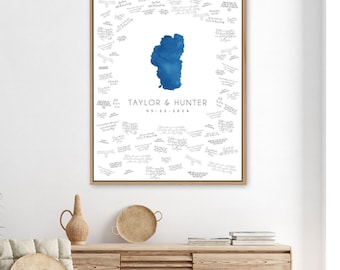 Lake Map Wedding Guest Book - Personalized Deep Blue Watercolor