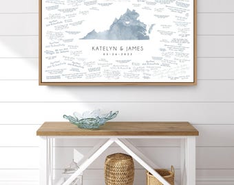 Wedding Guestbook: Virginia State Map Art (Blue Watercolor, Custom City Heart)