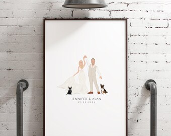 Wedding Guestbook Portrait: Hand-Drawn Couple and Pets (Custom from Photo)