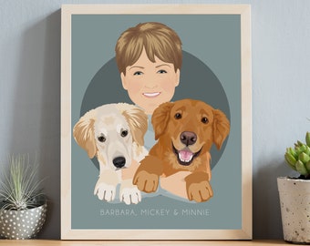 custom pet portrait with dogs drawn from photo, personalized dog portrait with golden retrievers, cute puppy portraits, gift for dog moms