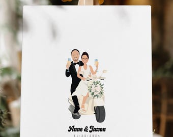 Wedding Guest Book Alternative Sign, Whimsical Vintage Vespa Drawing, Custom Retro Couple Portrait, Personalized Couple on Moped