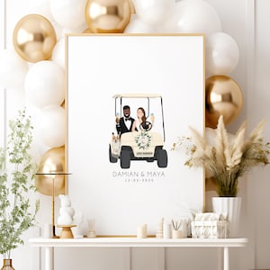 Wedding guest book alternative canvas • Custom drawing of newlywed couple in golf cart • Personalized wedding portrait gift art