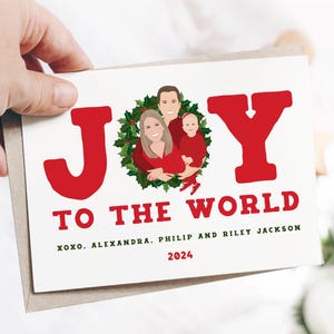 Cartão de Natal personalizado com retrato de família, cartão de felicitações Joy to the World, cartões de Natal personalizados para casais com filhos para novos pais